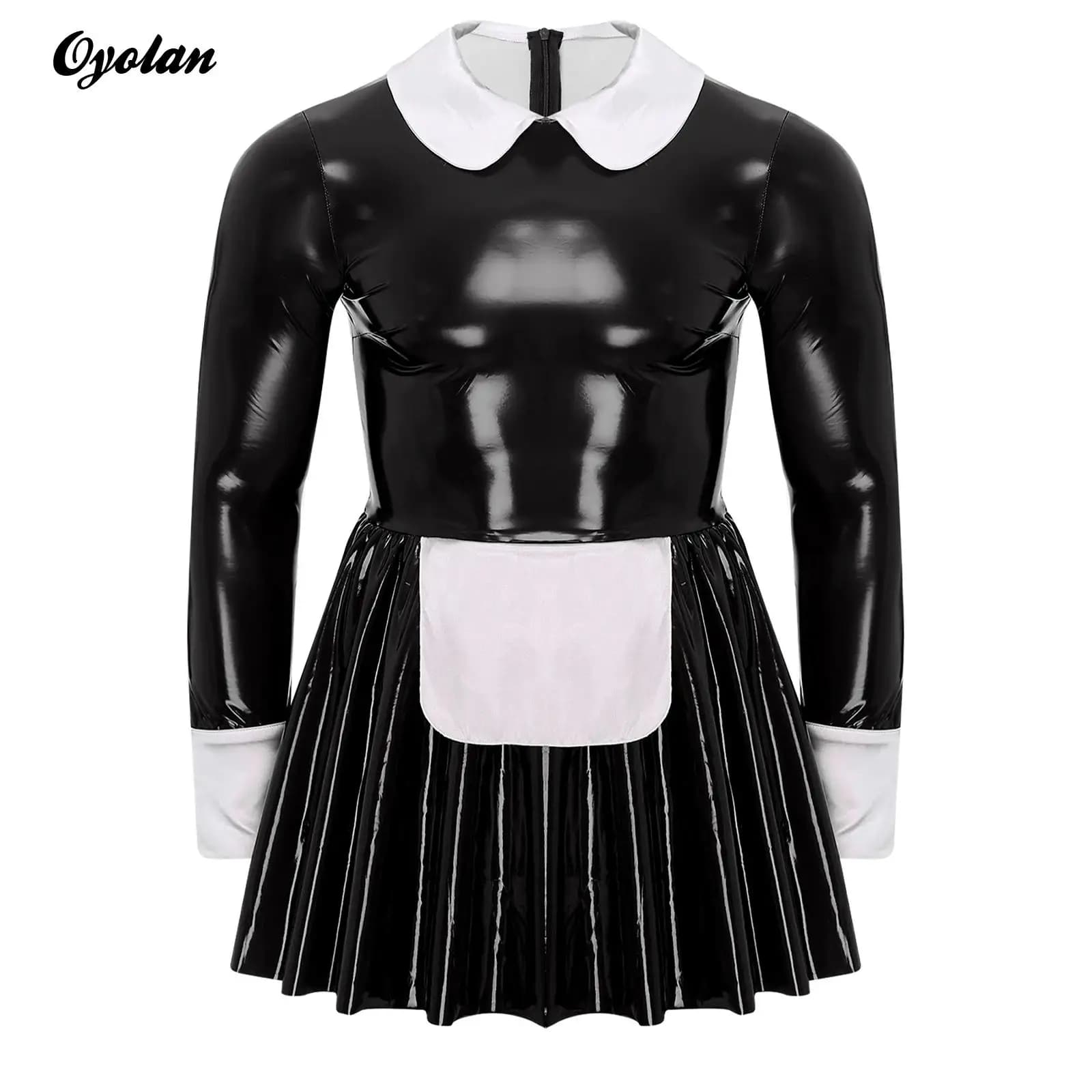 Mens Sissy French Maid Cosplay Costume Patent Leather Latex Dress Satin Apron Tulle A-Line Dress Sissy Crossdresser Clubwear