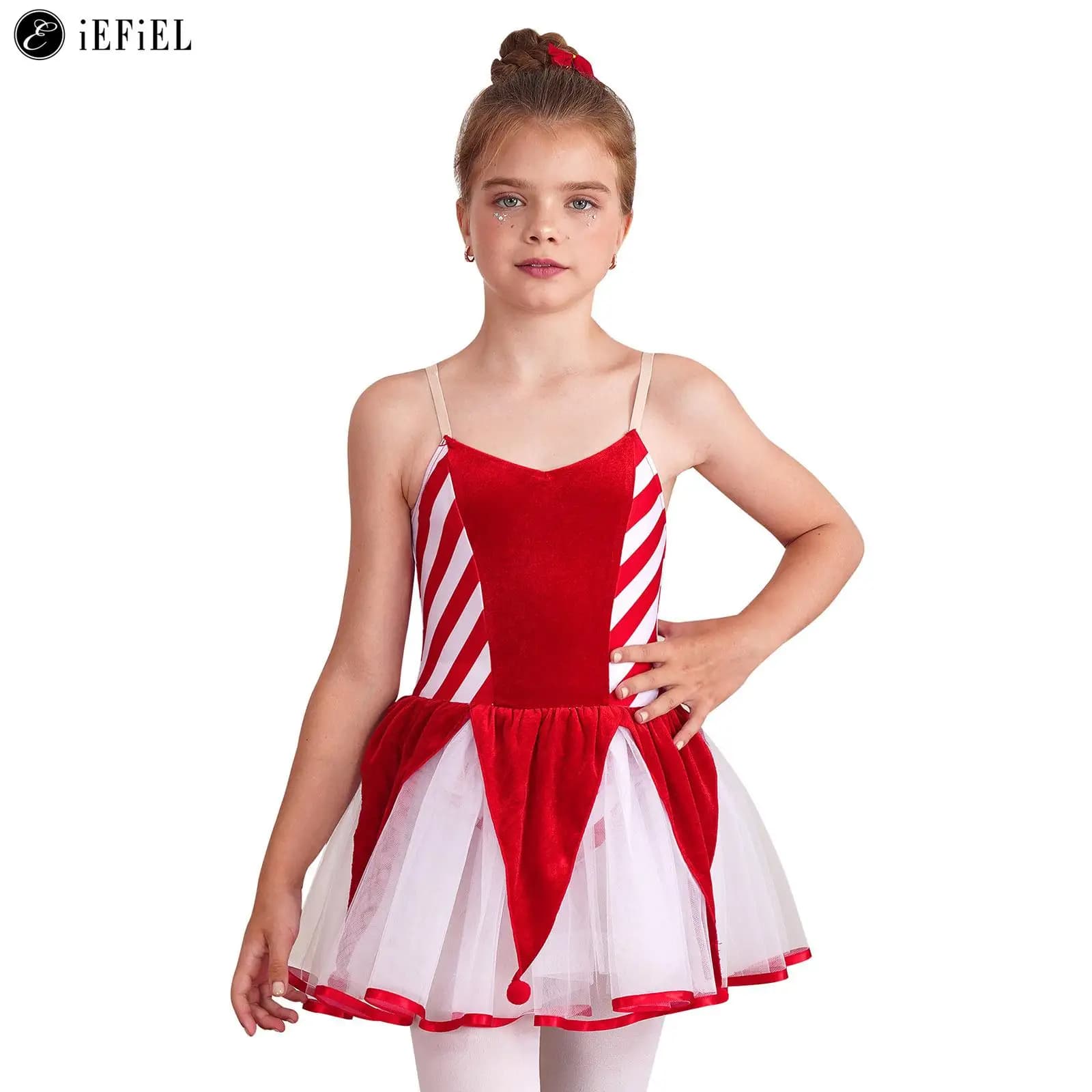 Kids Girls Xmas Santa Claus Ballet Dance Figure Ice Skating Tutu Dress Leotard Striped Candy Cane Holiday Christmas Costume