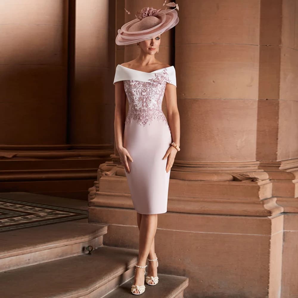 Pink Mother Of The Bride Dresses Top Ivory Off-Shoulder Sexy Sheath Guest Wedding Dress Lace Knee Length Robe De Soirée Femme