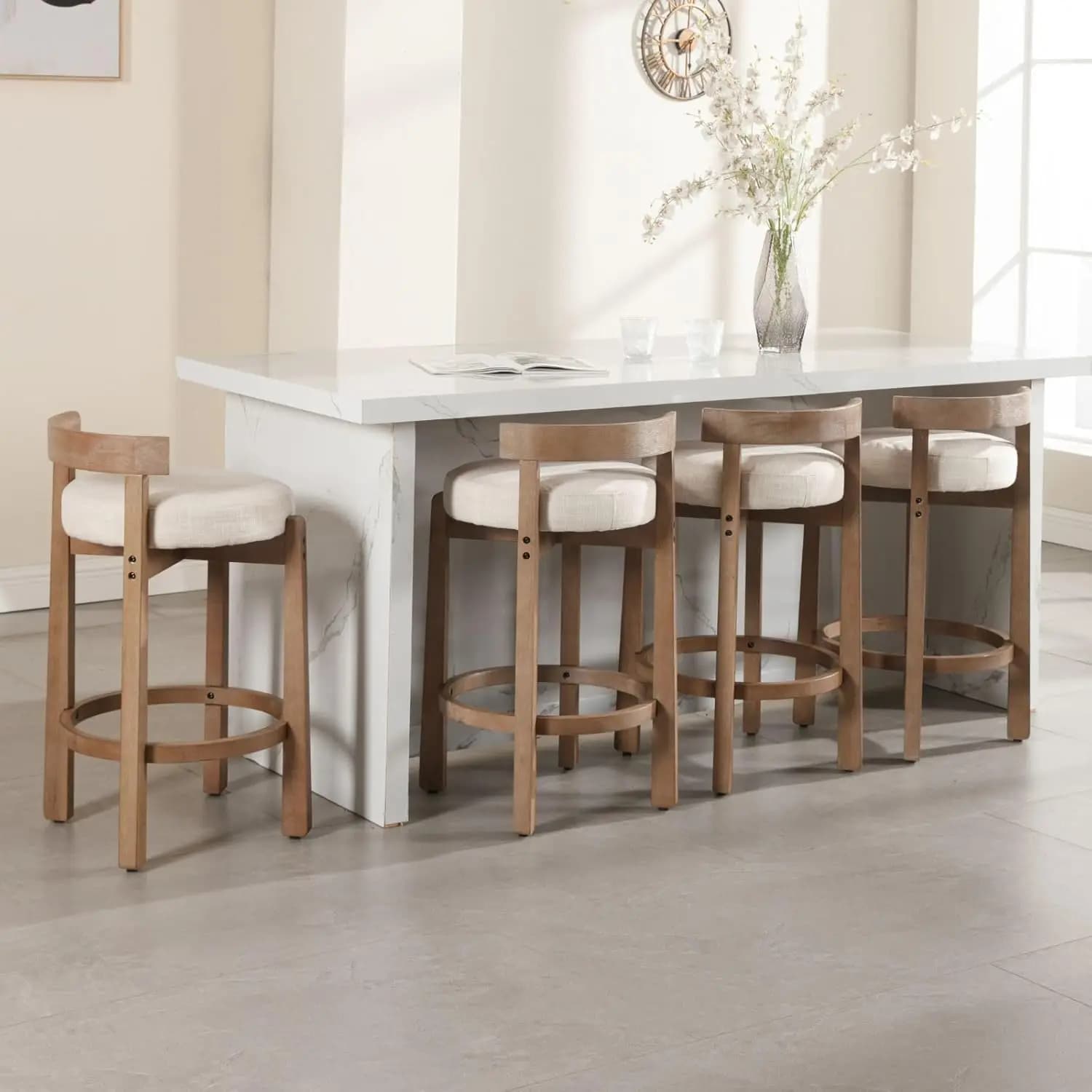 Upholstered 26.5” Seat Height Low Barstools with Natural Wood Legs Round Low Back Kitchen Stools with Footrest