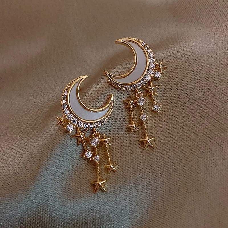 Cute Moon Star Drop Earrings Exquisite Rhinestone Earrings Gold Color Fishtail Mini Earrings Women's Fashion Ear Jewelry Gifts