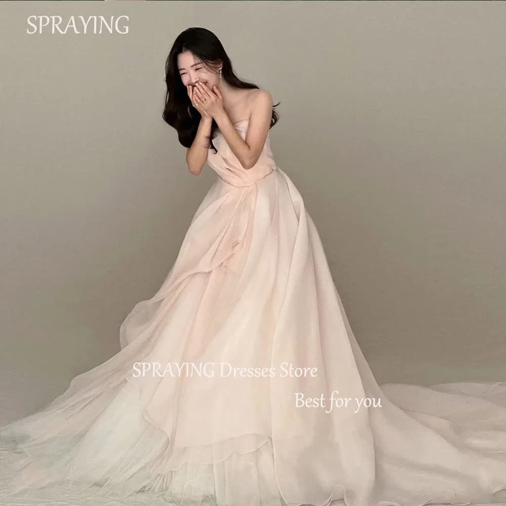 SPRAYING Sweep Train Wedding Dress Korea Photoshoot Strapless Soft Tulle Bridal Gown Sleeveless Floor Length Bridal Dresses