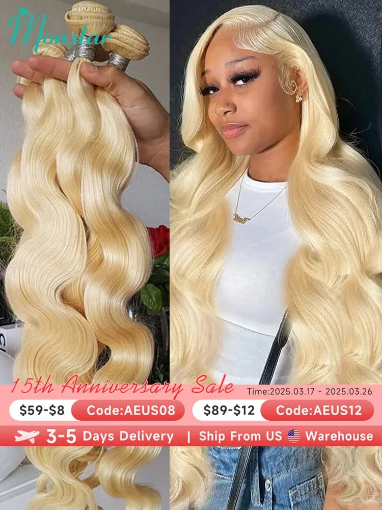 Monstar 1/3/4 613 Blonde Hair Extension Brazilian Hair Weave Bundles Body Wave Remy Human Hair Long 26 28 30 32 34 36 38 40 Inch
