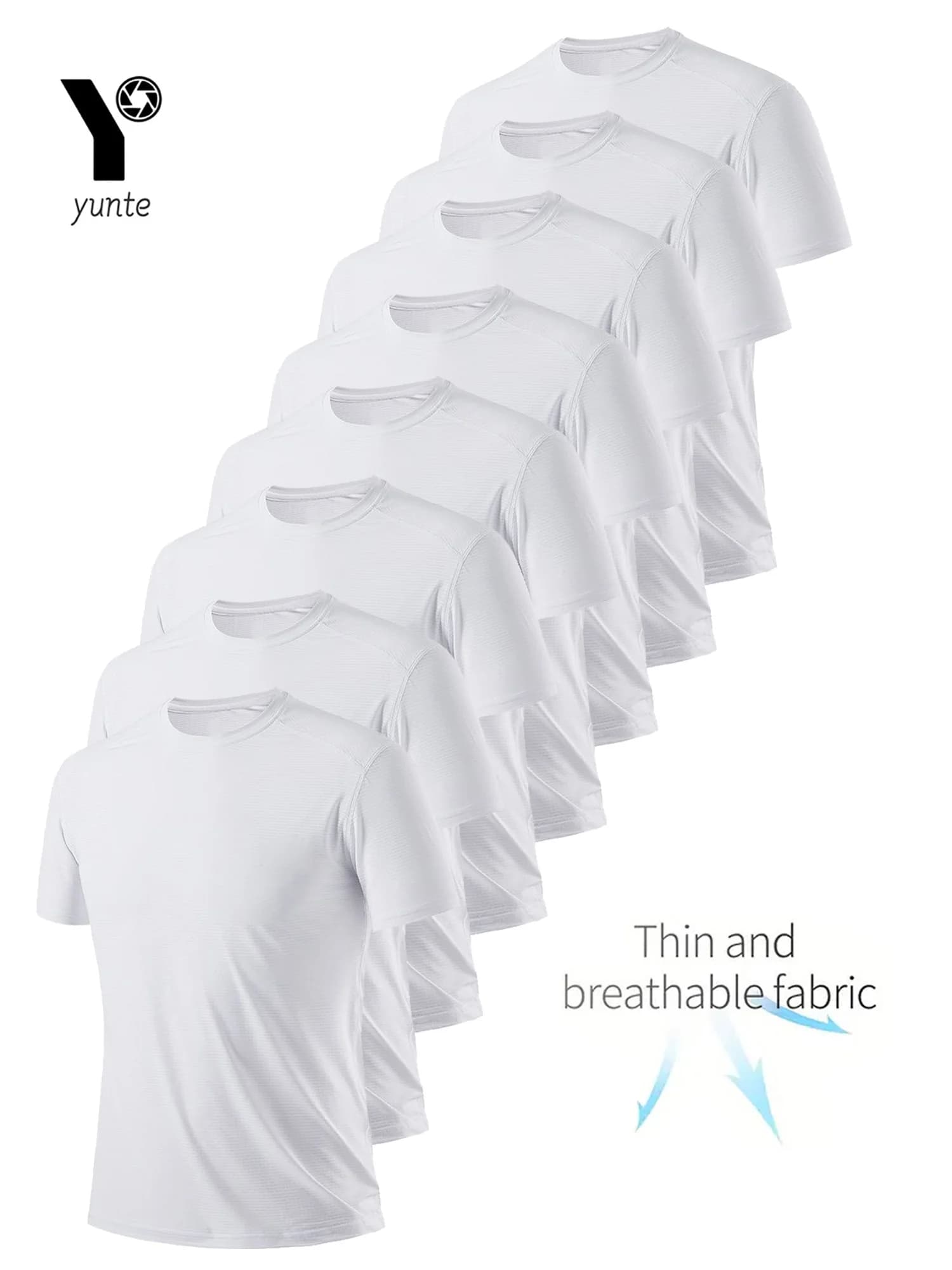 Round Neck T-Shirt 8Pcs White Ultralight Men Quick Dry Breathable Sweat Shirt for Fitness Gym Running Light Plaid Quick Dry Shor