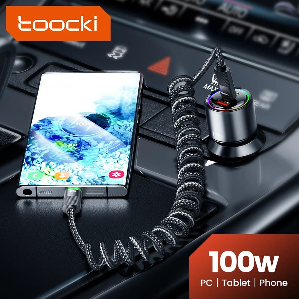 Toocki 5A100W Type C To Type C Cable Spring Retractable Car Phone Charger USB Fast Charge For iPhone 15 Xiaomi Samsung S23 Huawe