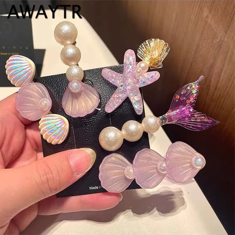 AWAYTR 5Pcs Shell Pearl Starfish Star Hair Clips For Ladies Hairpins Summer Beach Holiday Party Barrettes Hair Accessories