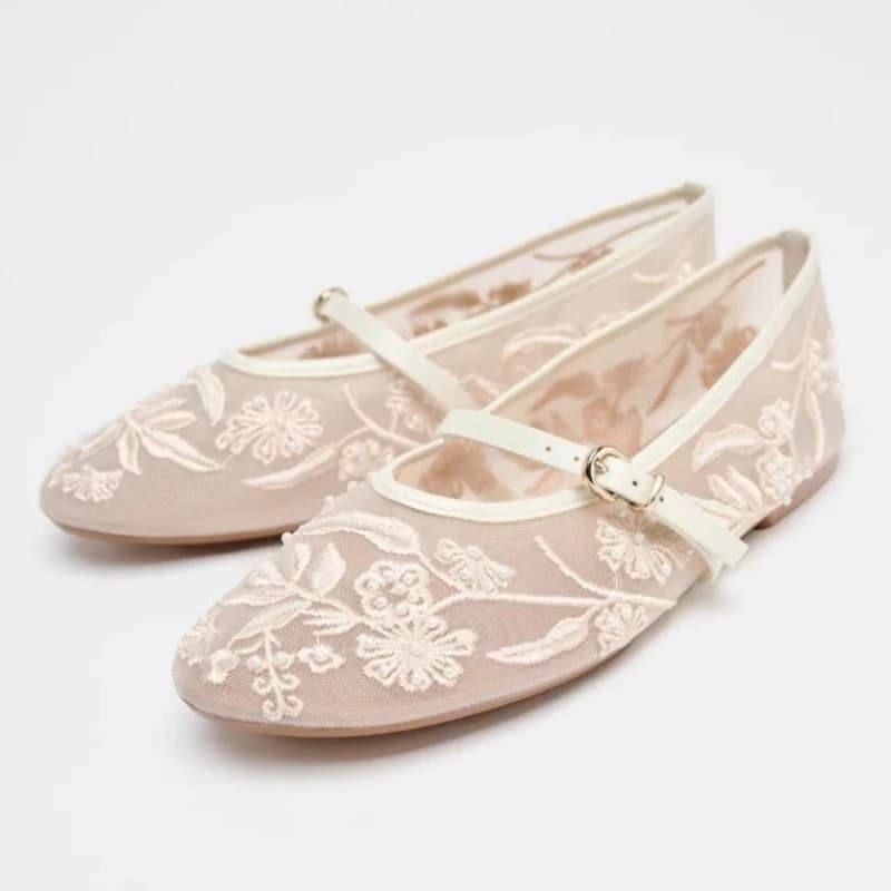 Embroidery Pearl Mesh Ballet Flats Women Fashion Hollow Round Toe Flat Sandals Elegant Comfortable Belt Buckle Mary Jane Shoes