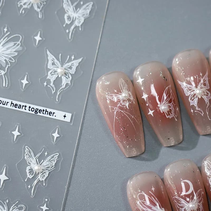 Translucent White Butterfly Stars Pearl 3D Self Adhesive Nail Art Stickers Shiny Rhinestone Illusion Colorful Manicure Decals