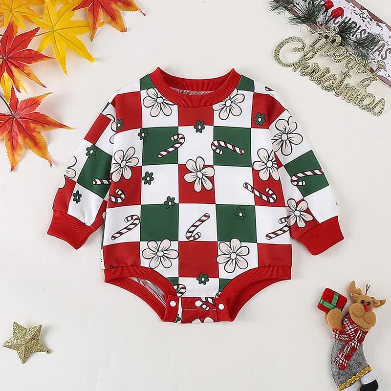 Baby Girls Christmas Romper Long Sleeve Crew Neck Plaid Flower Candy Cane Print Bodysuit Clothes for Casual Daily