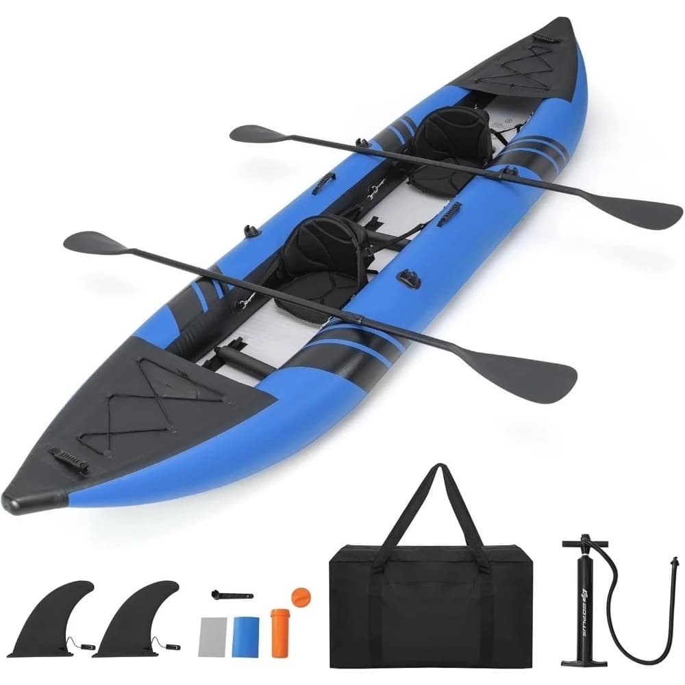 Inflatable Kayak, 2-Person Kayak Set for Adults with 507 LBS Weight Capacity, 2 Aluminium Oars,EVA Padded Seat, 2 Fins,Hand Pump