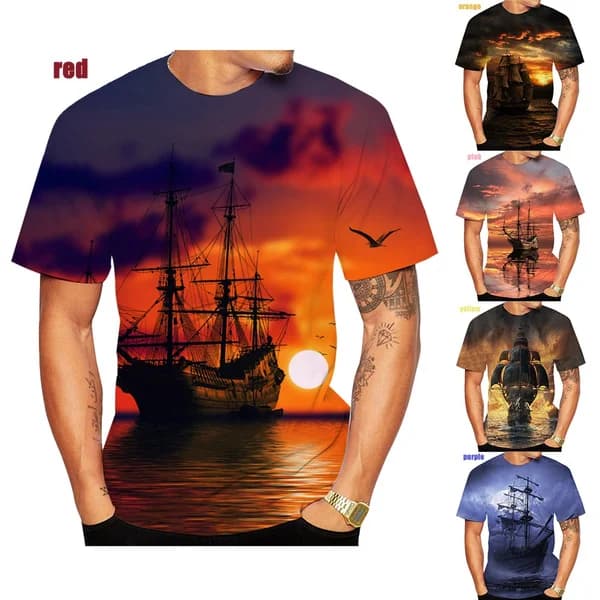 Summer Hot Sale Fashion Personality Funny Short sleeved Pirate Ship Men's 3D Printed T-shirt Casual Street Shirt