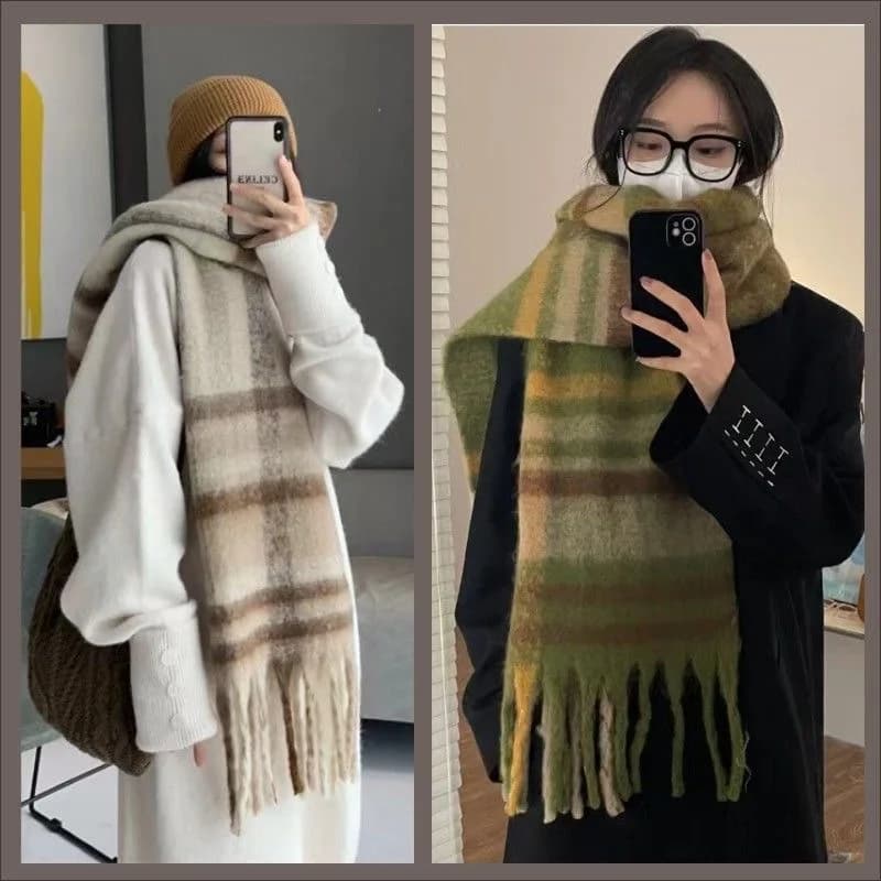 Scarf Mohair Plaid Women Green Scarves Winter Thick Tassel Shawl Warm Rainbow Plaid Christmas Muffler Scarf New 2024