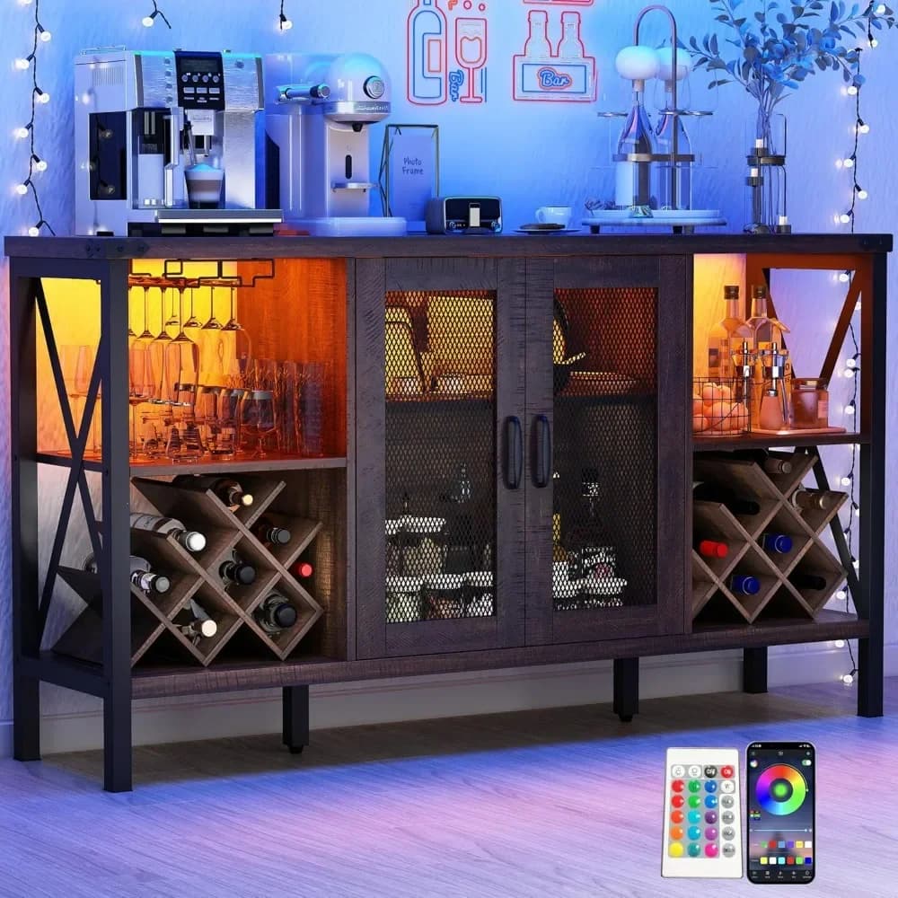 55" Industrial LED Bar Cabinet w/Outlet& 16,000 Color Lights,Glass Holder,Rustic Liquor Coffee Bar w/Removable Wine Rack