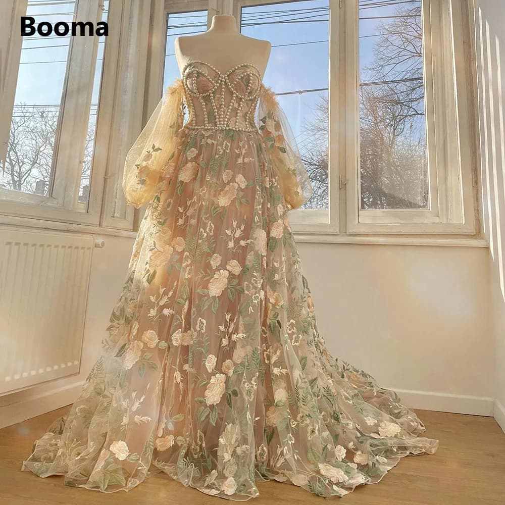 Booma Beige Embroidery Lace A-Line Prom Dresses Sweetheart Puff Sleeves Pearls Corset Lace Up Formal Party Gowns Customized