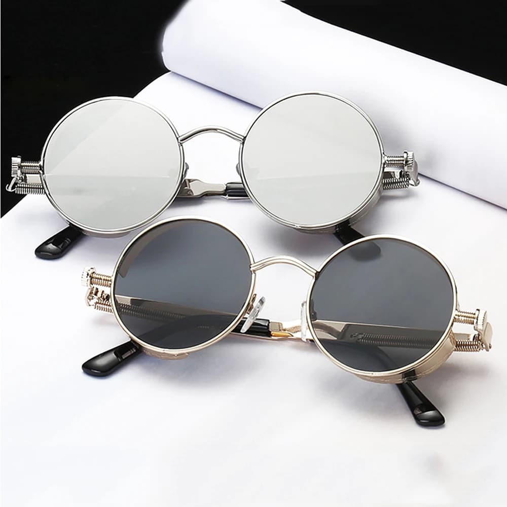 FOENIXSONG Fashion Steampunk Round Sunglasses for Men Women Black Brown Wrap Frame Retro Sun Glasses Mirror Sunglass