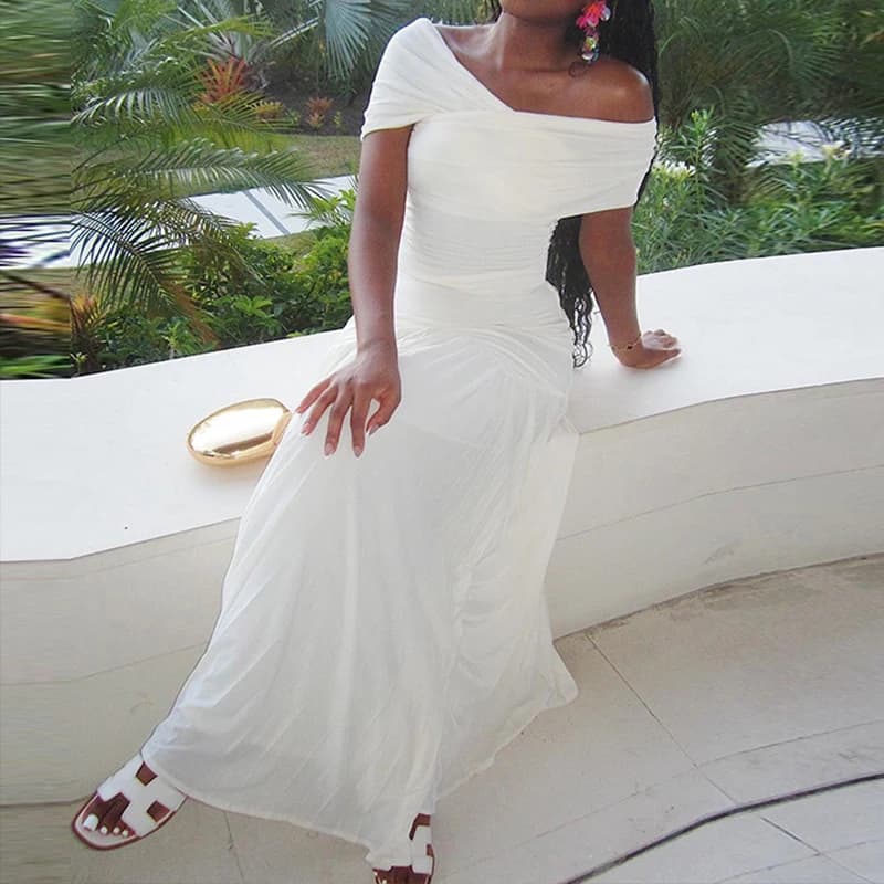 OMSJ Sexy Off Shoulder Cross Casual Tops And Pleated Midi Skirt Female Pure White Slim Elegant Matching Outfits Party Streetwear