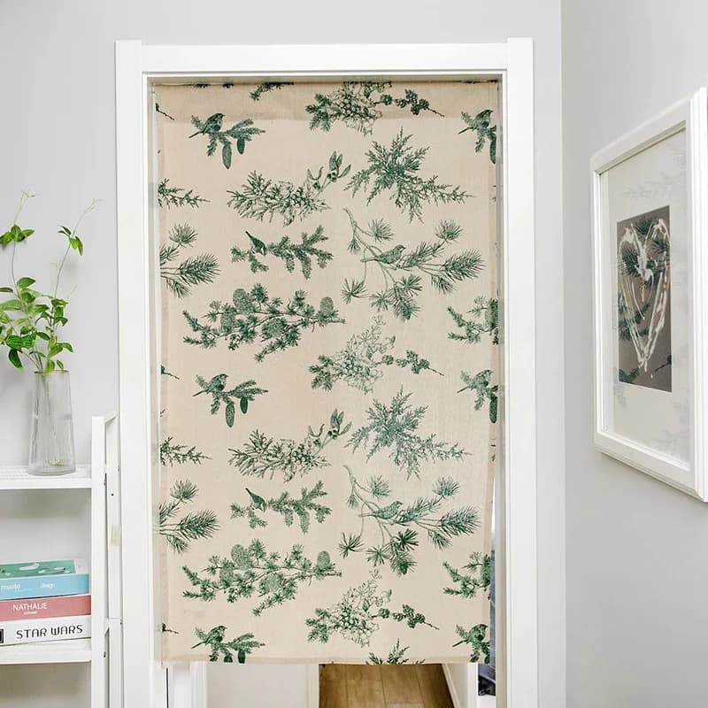 Green Pine Branch Printed Curtain Door Window Rod Pocket Curtains for Kitchen Bedroom Living Room Home Decoration Blackout Drape