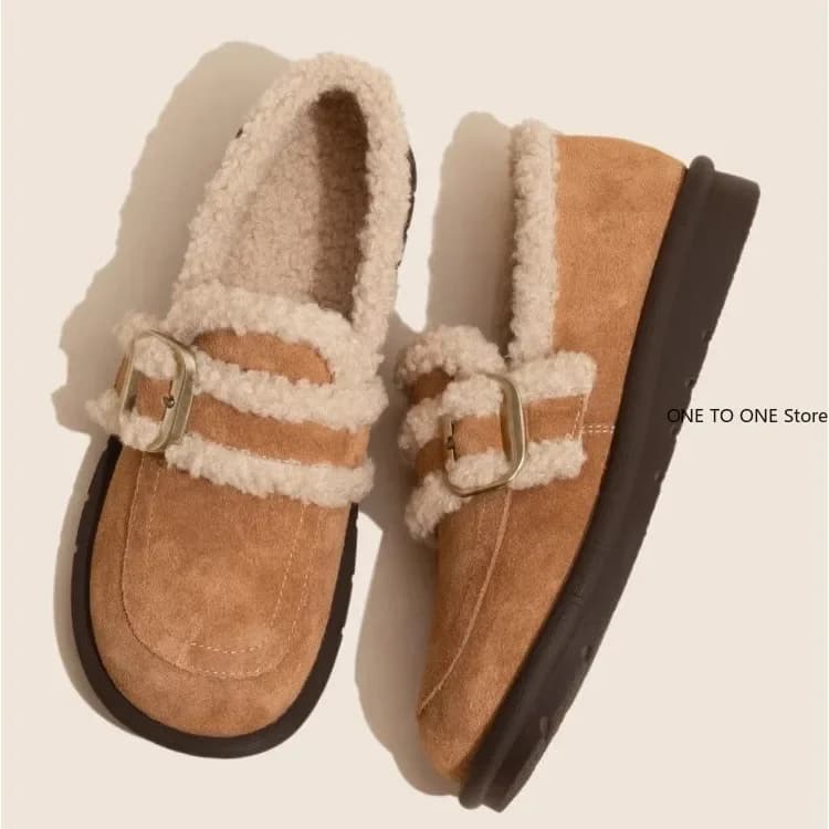 Women Loafers Fur Round Toe Clogs Platform Female Shoes Winter Creepers New Dress Rome Flock Mid-Calf Solid Snow Boots Basic Med
