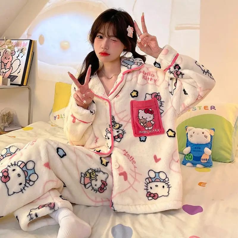 Kawaii Hello Kittys Women's Coral Velvet Pajamas Winter Long Sleeve Cartoon Velvet Thickened Flannel Home Clothes Set Warm Sweet