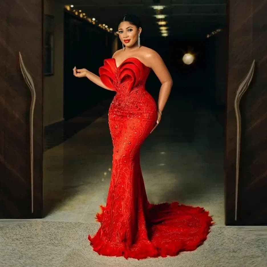 Vinca Sunny Customized Lace Beaded Mermaid Prom Dresses Feathers Sweetheart Lace up Back African Evening Dress Custom Party Gown