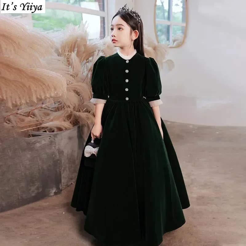 It's Yiiya Customized Flower Girl Dresses Modest Black Flannel High Collar 3/4 Sleeves Button A-line Floor-Length Communion Gown