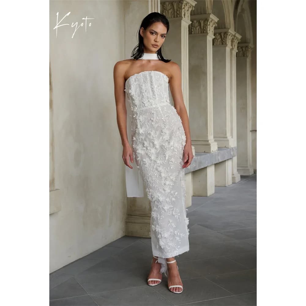 Kyoto Customized Shiny Flowers Halter Wedding Dress Ivory Strapless vestidos de novia Ankle-Length Zip Back Evening Dresses 2025