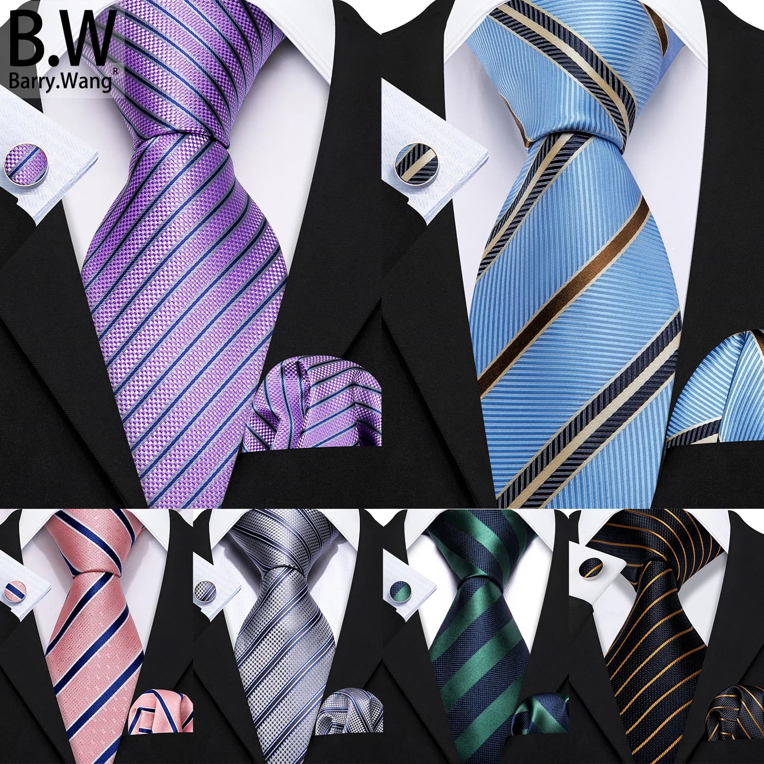 Barry.Wang Elegant Silk Men Tie Handkerchief Cufflinks Set Jacquard Striped 8.5cm Width Necktie For Male Wedding Business Gift