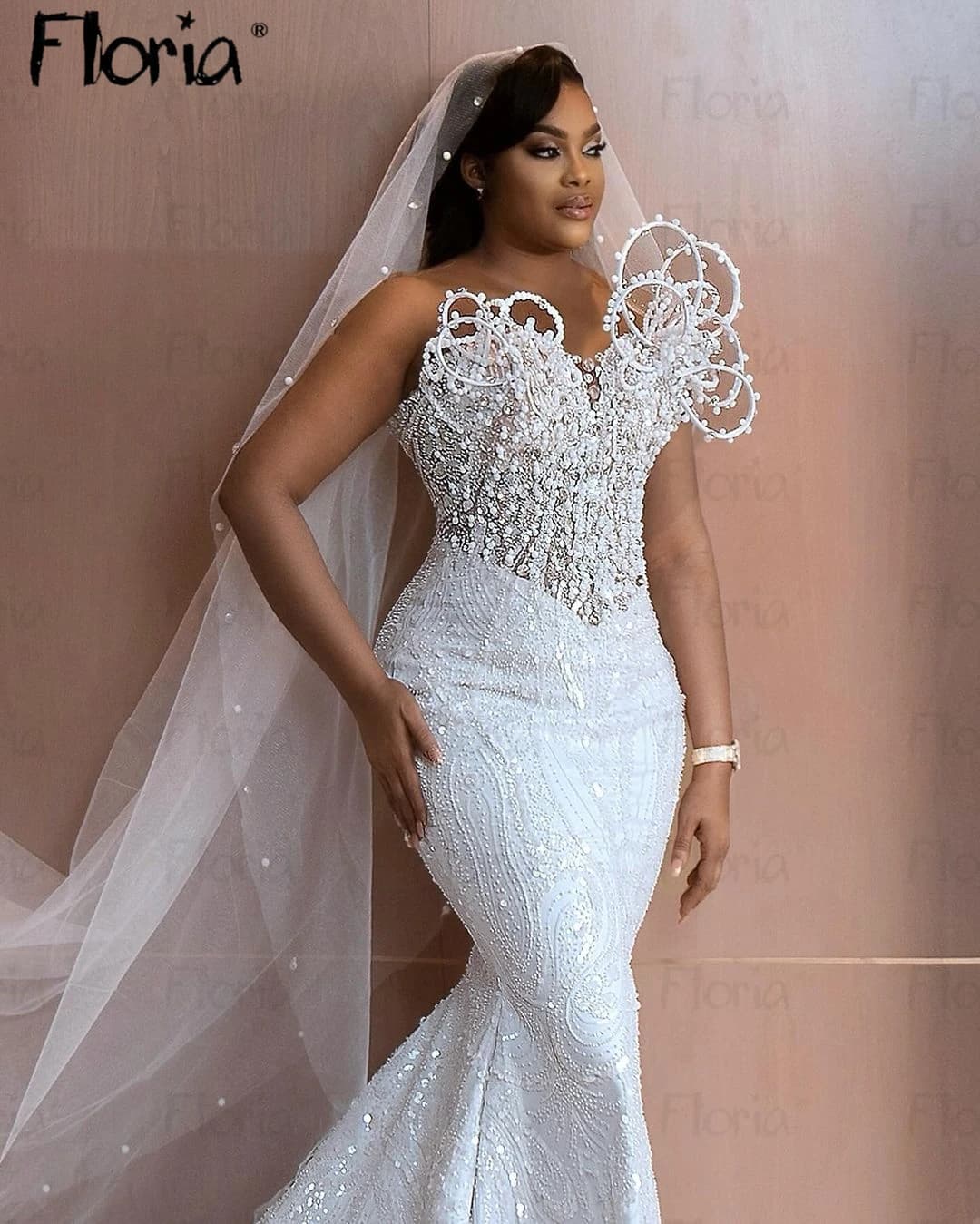 Modern White Mermaid Bridal Gowns Fashion Pearls Wedding Dress 2024 Long Train Bridal Dress Luxury Dubai Wedding Gowsn Customize