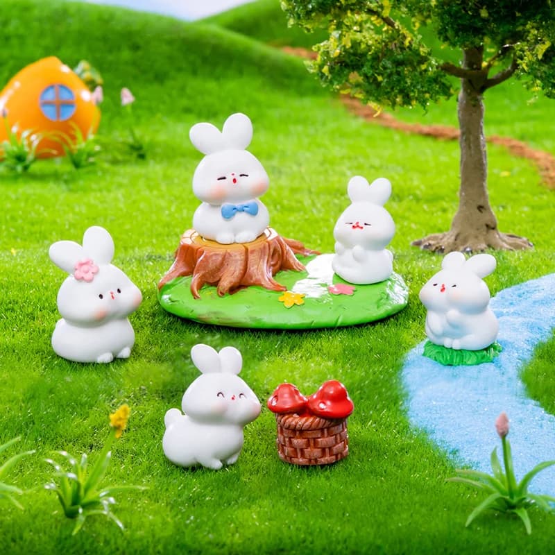 Mini Cartoon Rabbit Ornament Cute Meadow Bunny Figurine Micro Landscape Dollhouse Miniature Toy Car Decoration