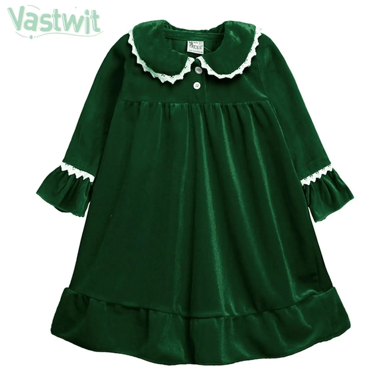 Kids Girls Christmas Party Dress Long Sleeve Cute Lapel Lace Trim Ruffled Velvet Dresses Gown for Birthday New Year School Daily