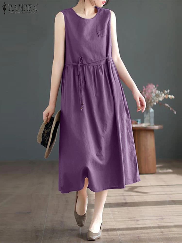 ZANZEA Women Vintage Cinch Waist Midi Dress Summer 2024 Casual O Neck Sleeveless Ruffled A-line Vestidos Holiday Solid Sundress
