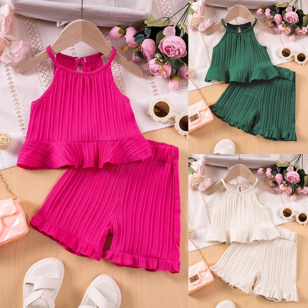 2025 New Girls' Summer Fashion Sets Sleeveless Ruffle Tank Top & Shorts Solid Color Two-Piece Outfit for Toddler Girls