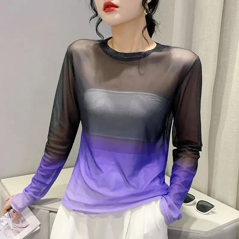 DAYIFUN-Thin Gradient Printed Mesh Design Tees for Women,Ladies' Layered Sun Protection Clothing Ice Silk Tops,Summer T-shirts