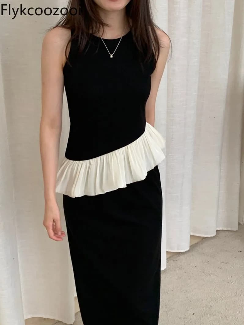 Korean Version of Ruffled Edge Patchwork Irregular Sleeveless Vest Small Shirt + Lean High Waist Skirt Set Conjuntos De Mujer