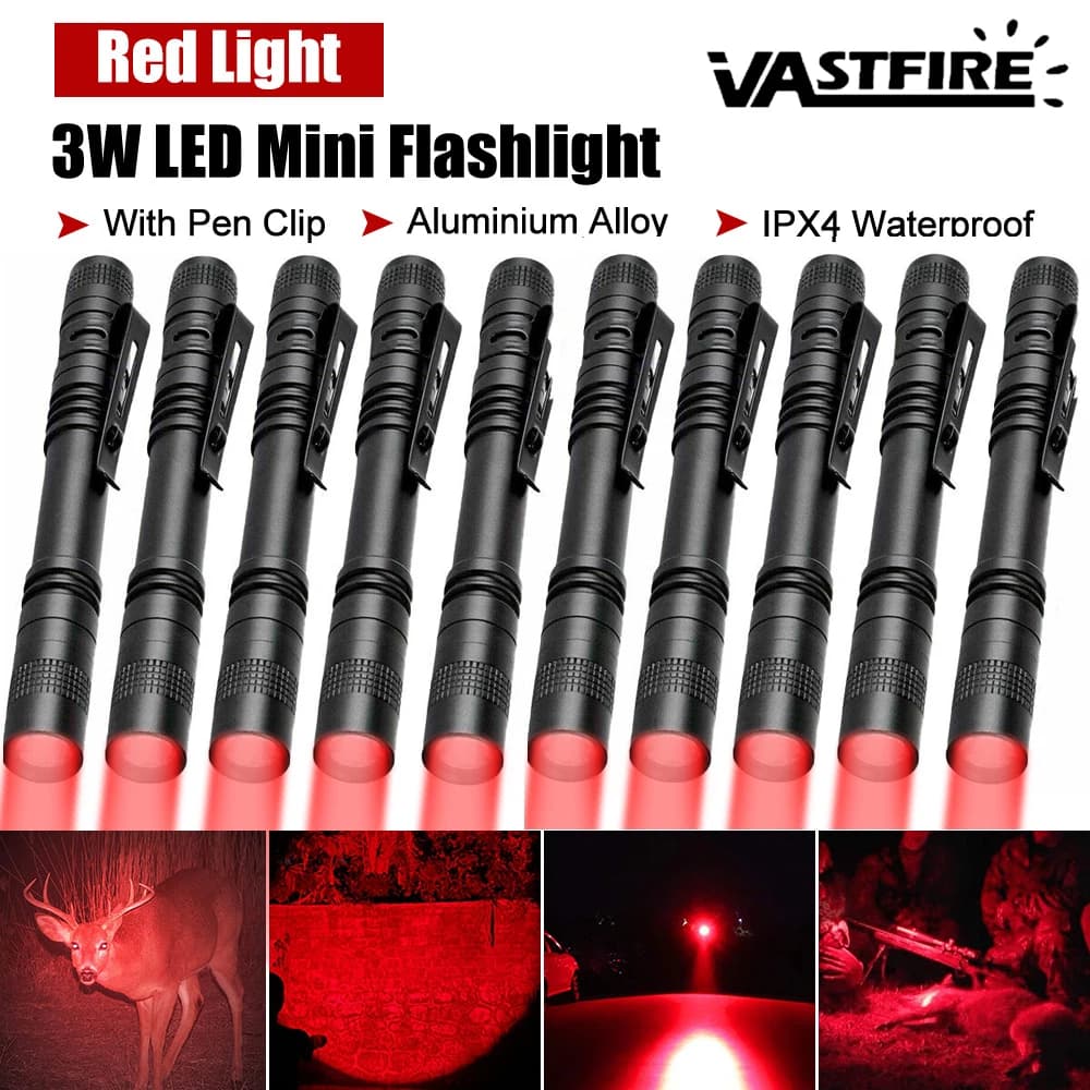 3/5/10Pcs Red Light Flashlight White/395nm/Red LED Pen Clip Pocket Flashlight Fishing Blood Star  Travel Camera Detector Torch