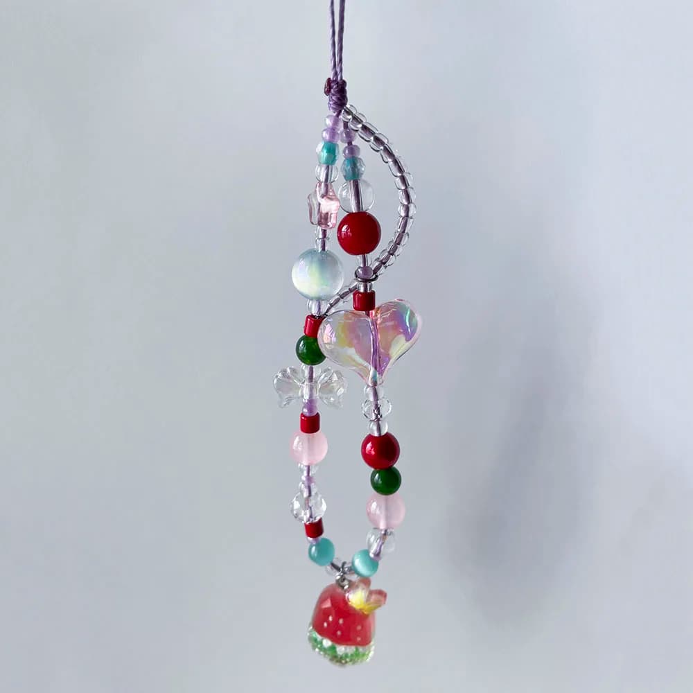 Cute Phone Charm Strap Red Strawberry Ice Cream Pendant Pink Heart Bowknot Bead Keychain Lanyard Woman Schoolbag Camera Decor