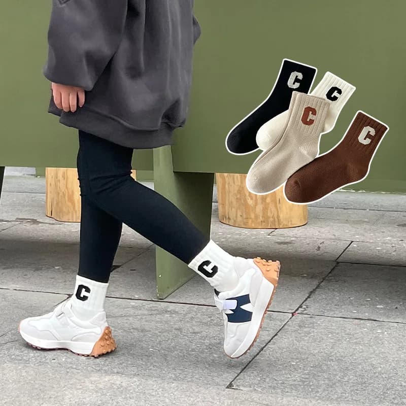 4 Pairs/Lot Autumn Winter High Elastic Simple Children Socks Korean Cotton Letter Solid Color Alphabet Boys Girls Socks 1-12 Y
