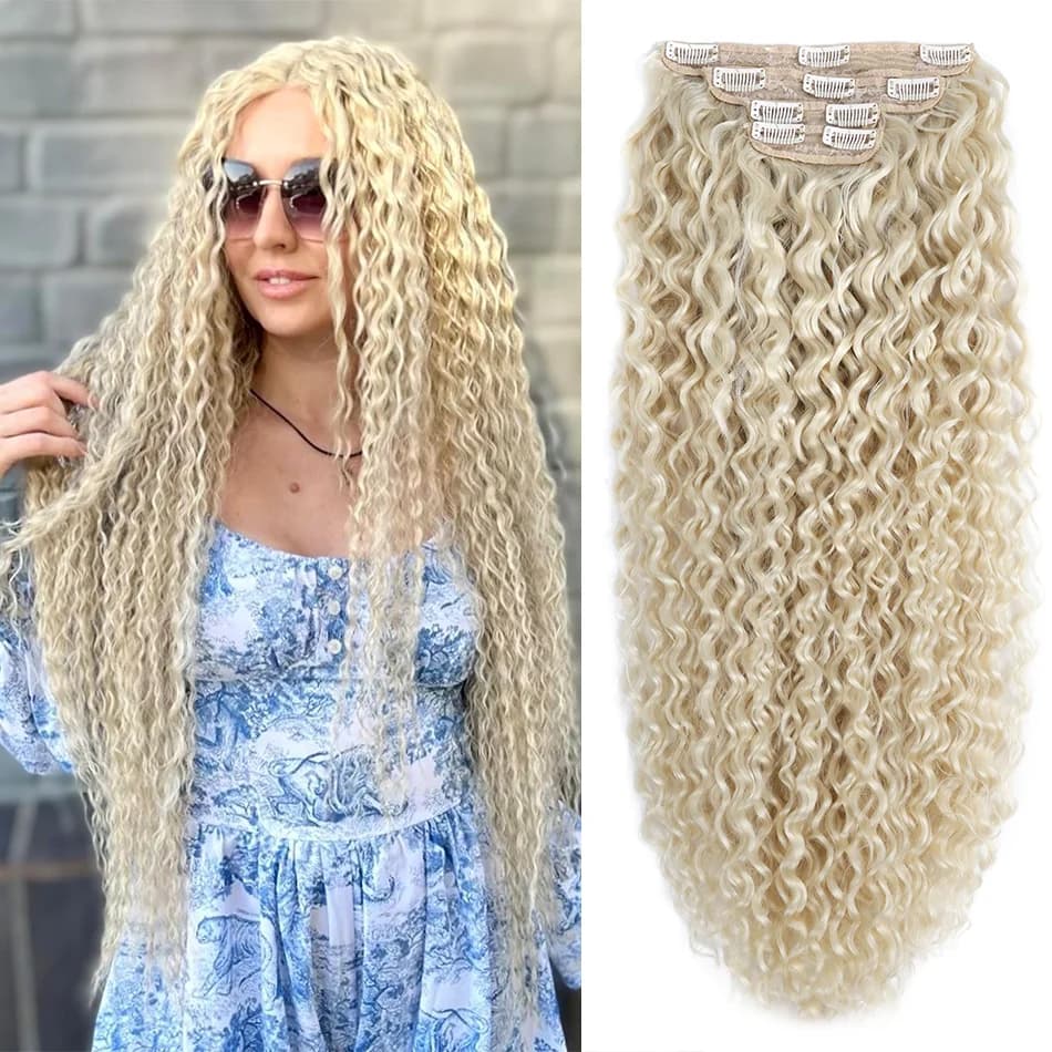 Synthetic Water Wave Clip in Hair Extension Organic Fiber 28inch Blonde Fake Hair Long Thick Hairpieces Full Head Hair for Women