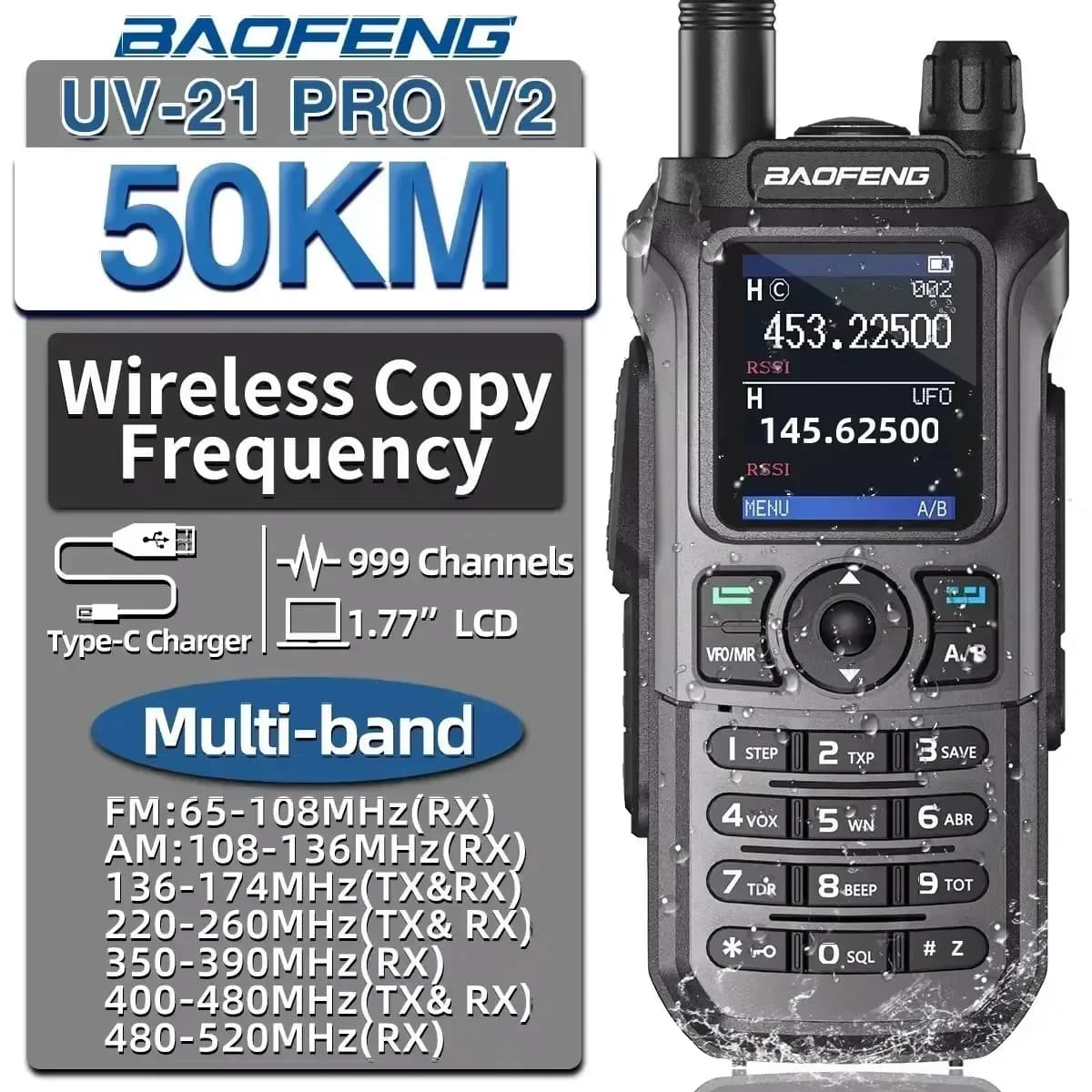 BAOFENG UV-21 pro V2 Multi-Band Two-Way Ham Radio Wireless Copy Frequency Long-Range Waterproof Type-C Powerful Communication