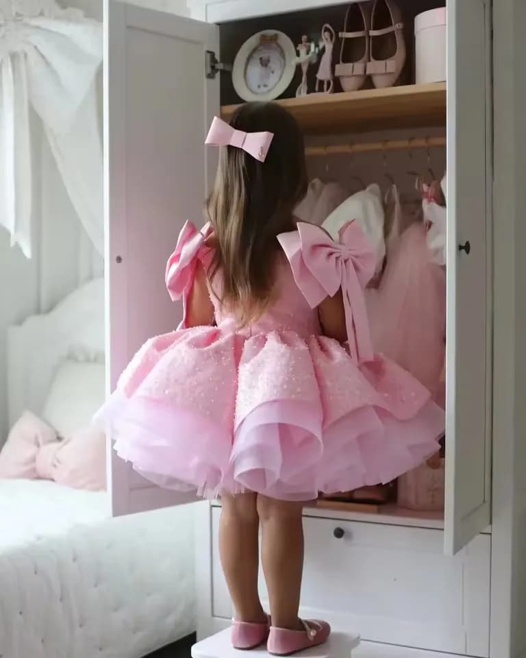 Beads Flower Girl Dress Scoop Neckline Puff Girls Party Dresses for Wedding Short Sleeves Satin Kids Christmas Ceremonial Dress