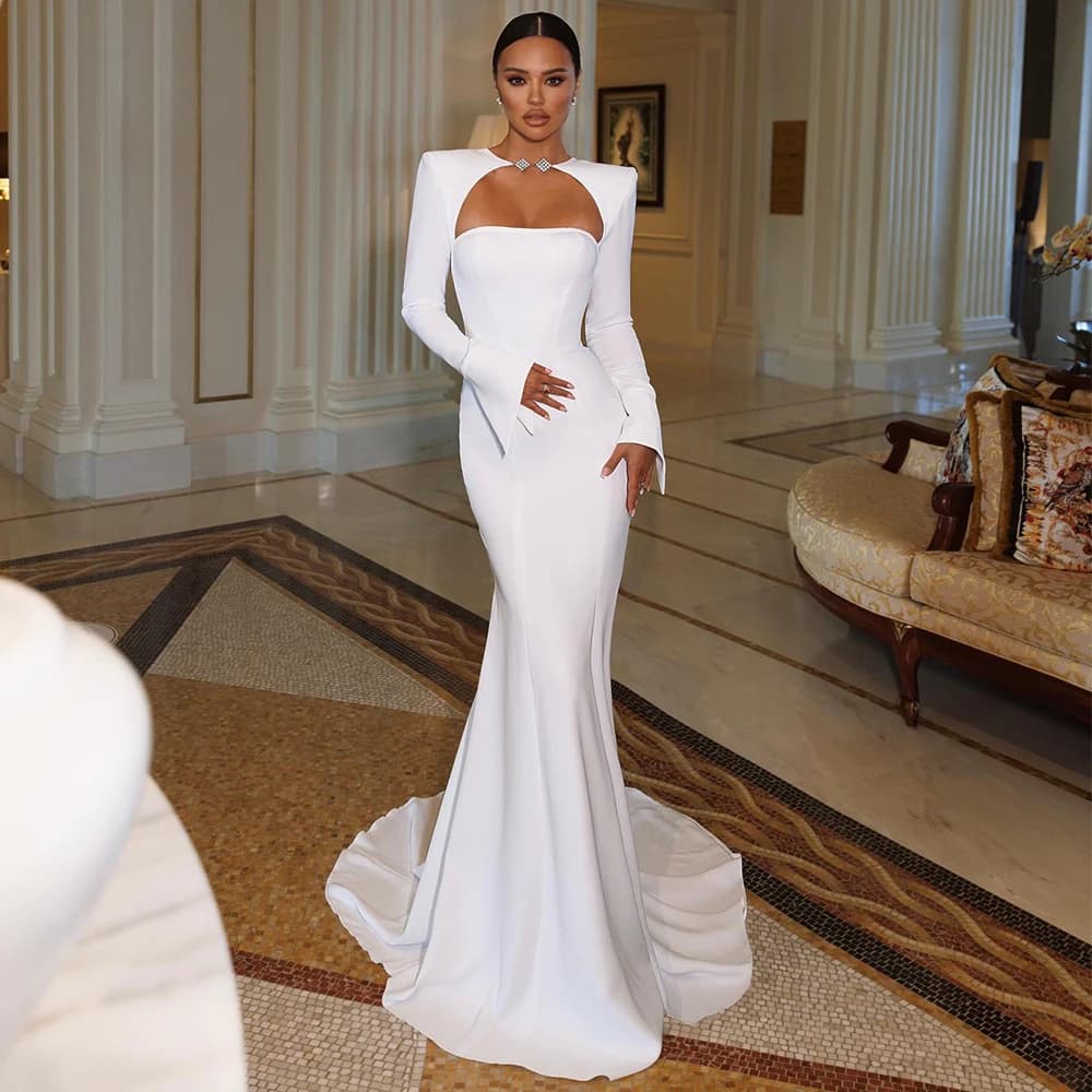 Elegant Wedding Dress for Women White Cut-out O Neck Backless Mermaid Wedding Gown Long Sleeves Trumpet Sexy Robe de Mariée
