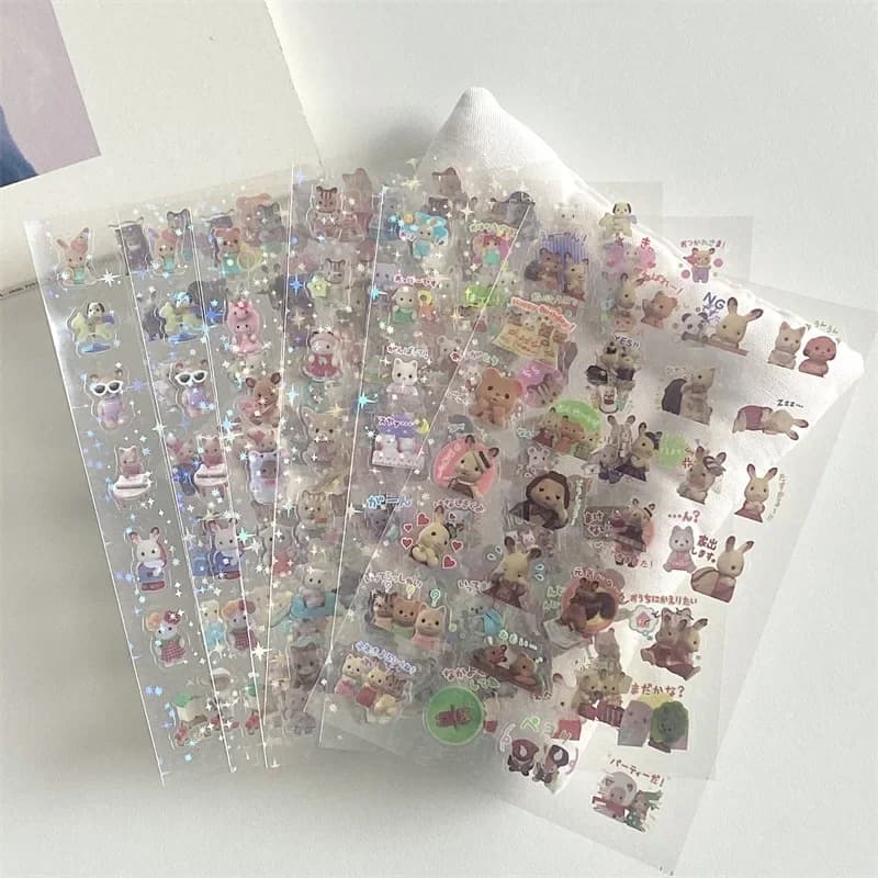 6/8Pcs Japanese Retro Cute Cartoon Forest Animal Sticker PET Aesthetic Flash Film DIY Sticker Journal Scrapbook Phone Case Decal