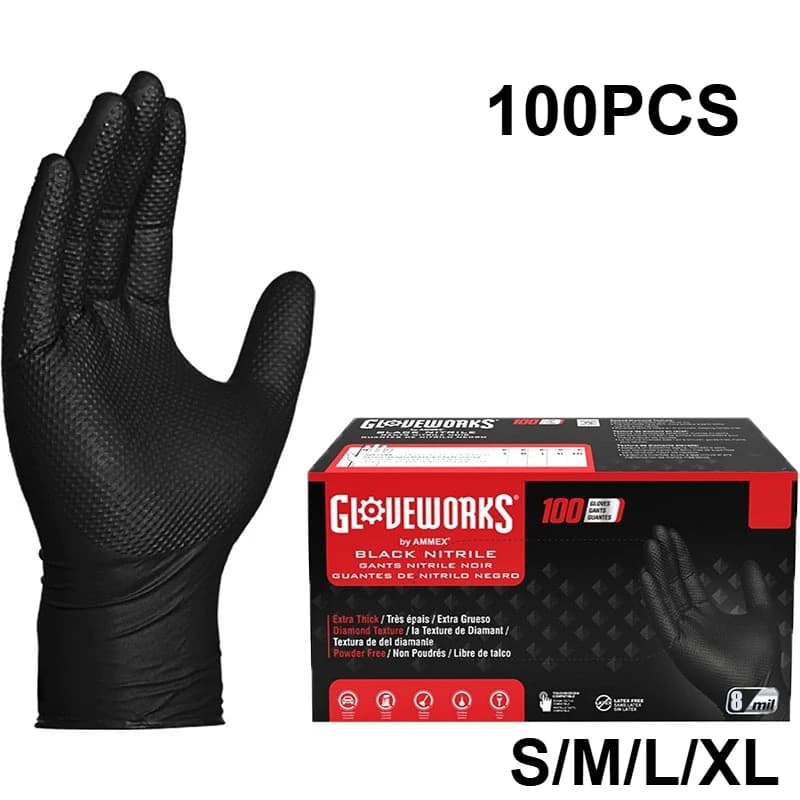 Heavy Duty Black Nitrile Gloves 8Mil Industrial Disposable Gloves with Diamond Textured Grip for Mechanic Safety & Work Gloves