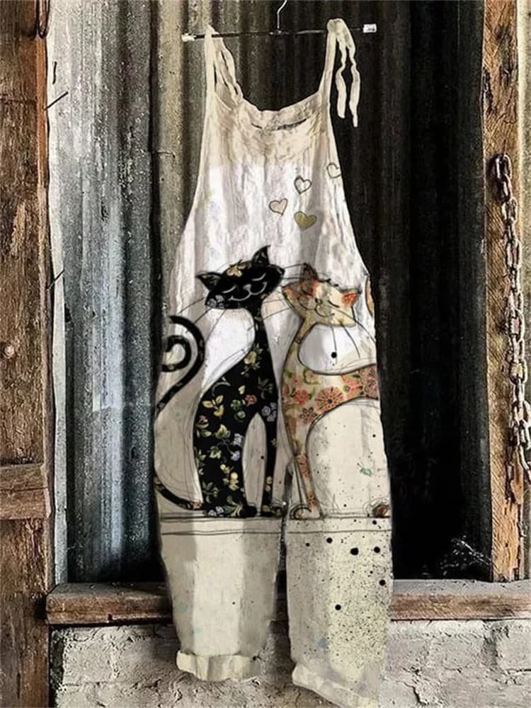 New Women Fun Cat Print Adjustable Strap Romper Autumn Wide Leg Romper Loose Casual Bib Overalls With Overalls Romper With Strap
