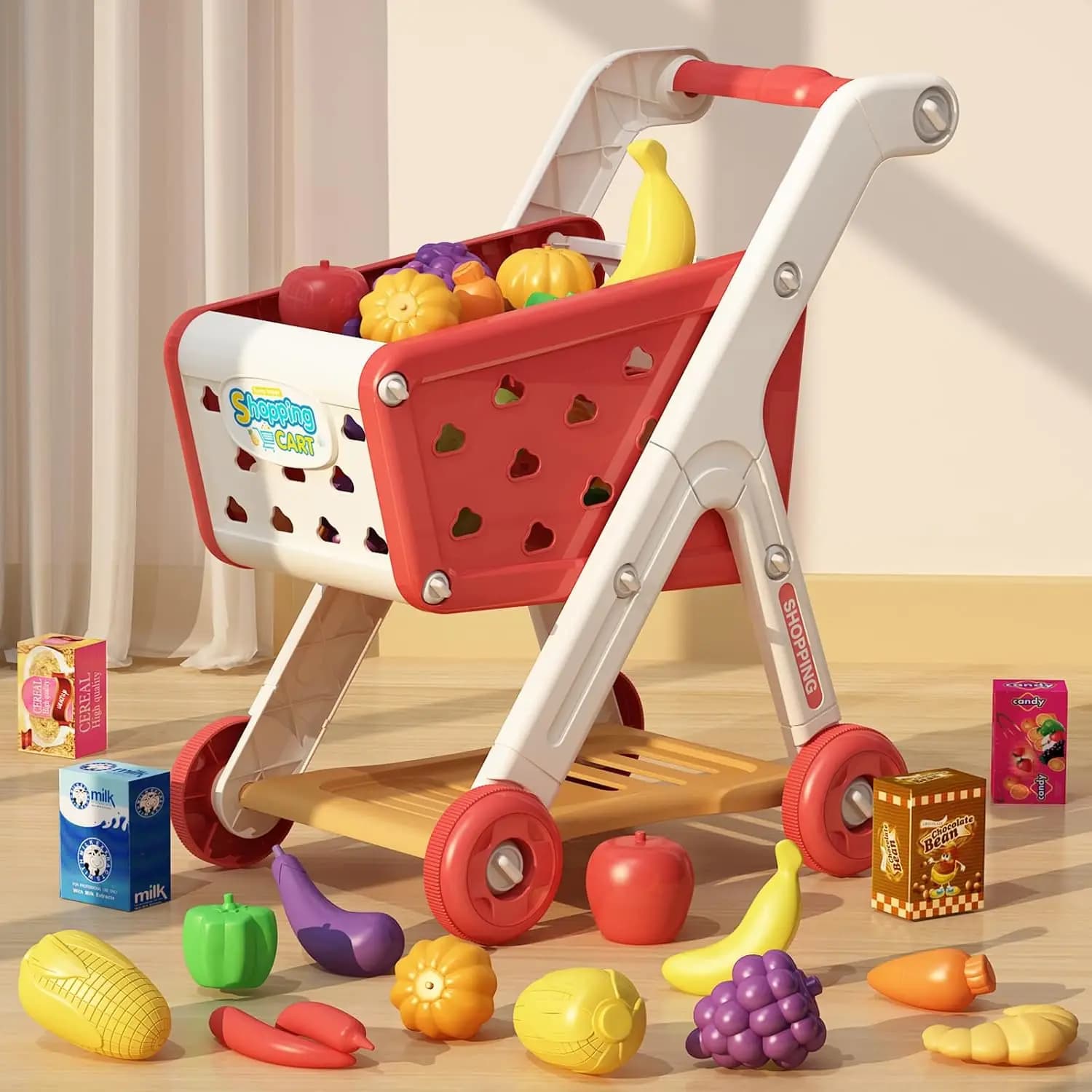 Kids Shopping Cart Trolley Play Set Children's Shopping Cart Role-Playing Games Supermarket Playset Accessories for Toddler Aged