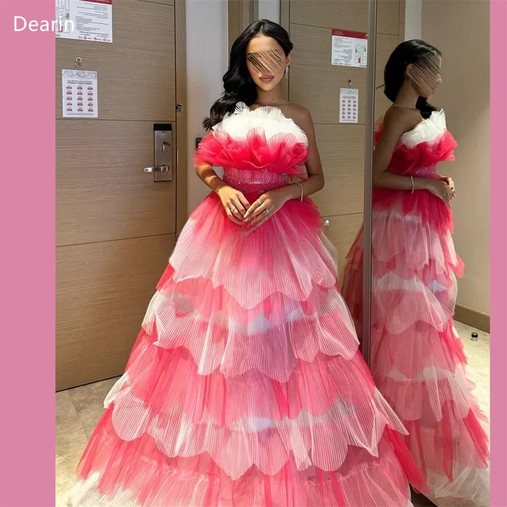 Customized Women Evening Dress Formal Dearin Strapless Ball Floor Length Skirts Draped Layered Tulle Sleeveless Bespoke Occasion