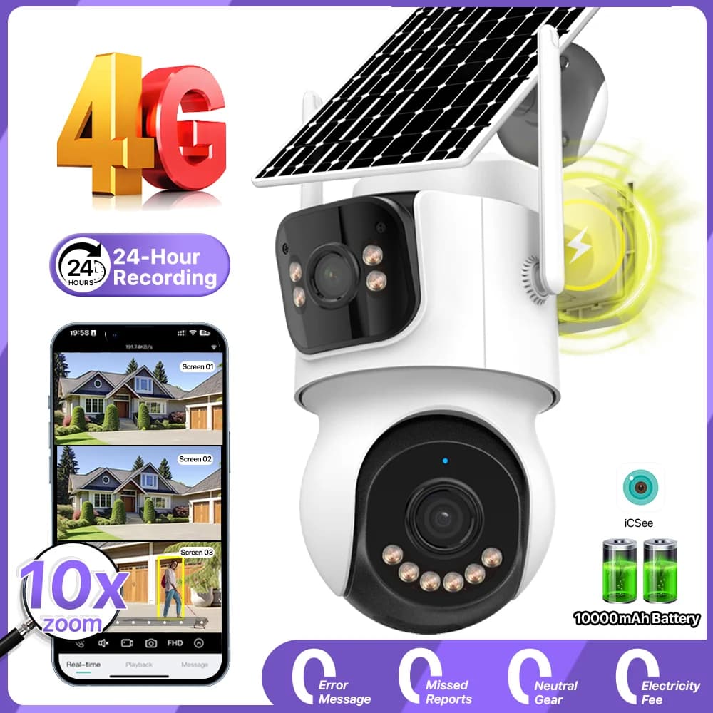 4G SIM Solar Camera 24/7 Recording Outdoor Three Screen AOV 10X Zoom Camera Built-in Battery Security Auto Tracking Camera iCSee