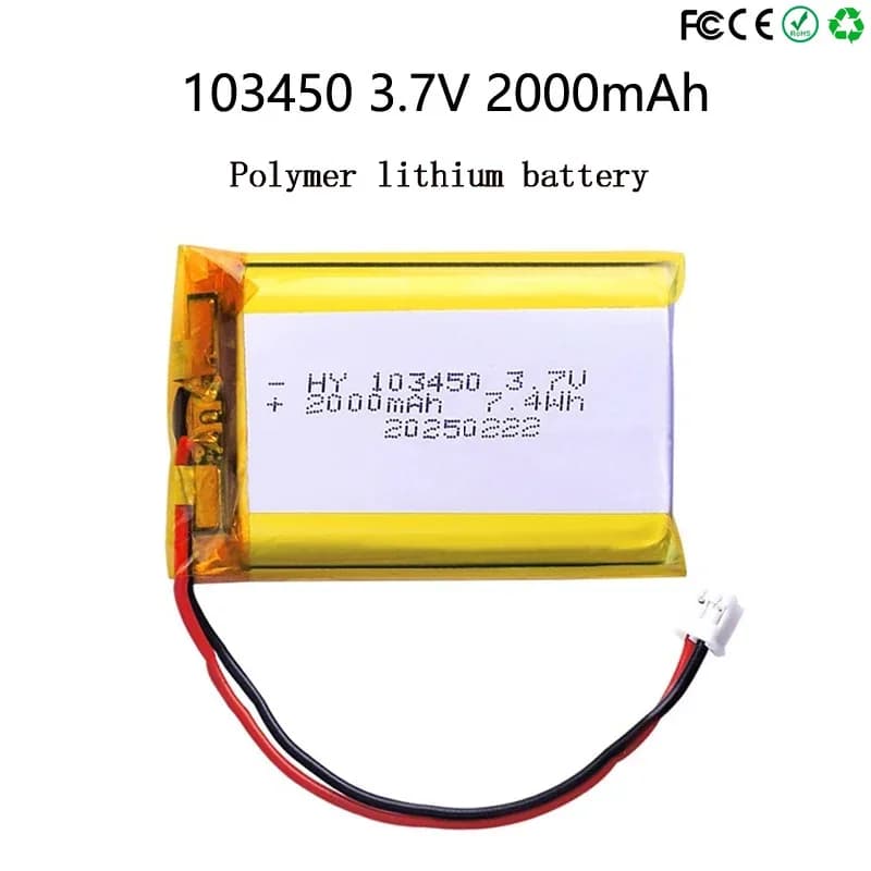 103450 3.7V 2000mAh Polymer Lithium Rechargeable Battery jst PH 2.0mm 2pin plug for Camera GPS navigator MP5 Bluetooth Headset
