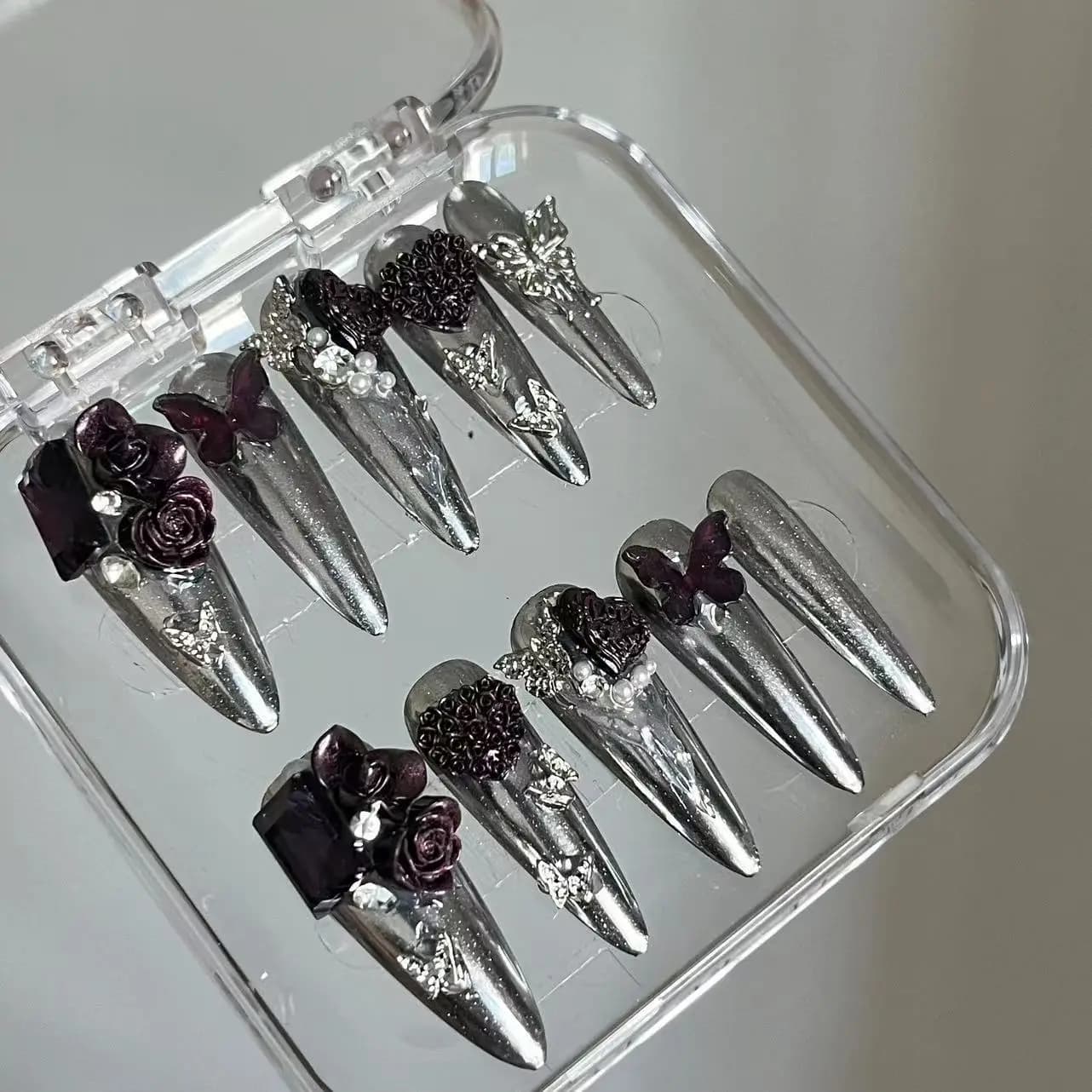 10pcs Metal Silvery Handmade Press on Nails y2k Punk Design 3D Rose Decor Reusable Adhesive False Nails Charm Long Tip Nails