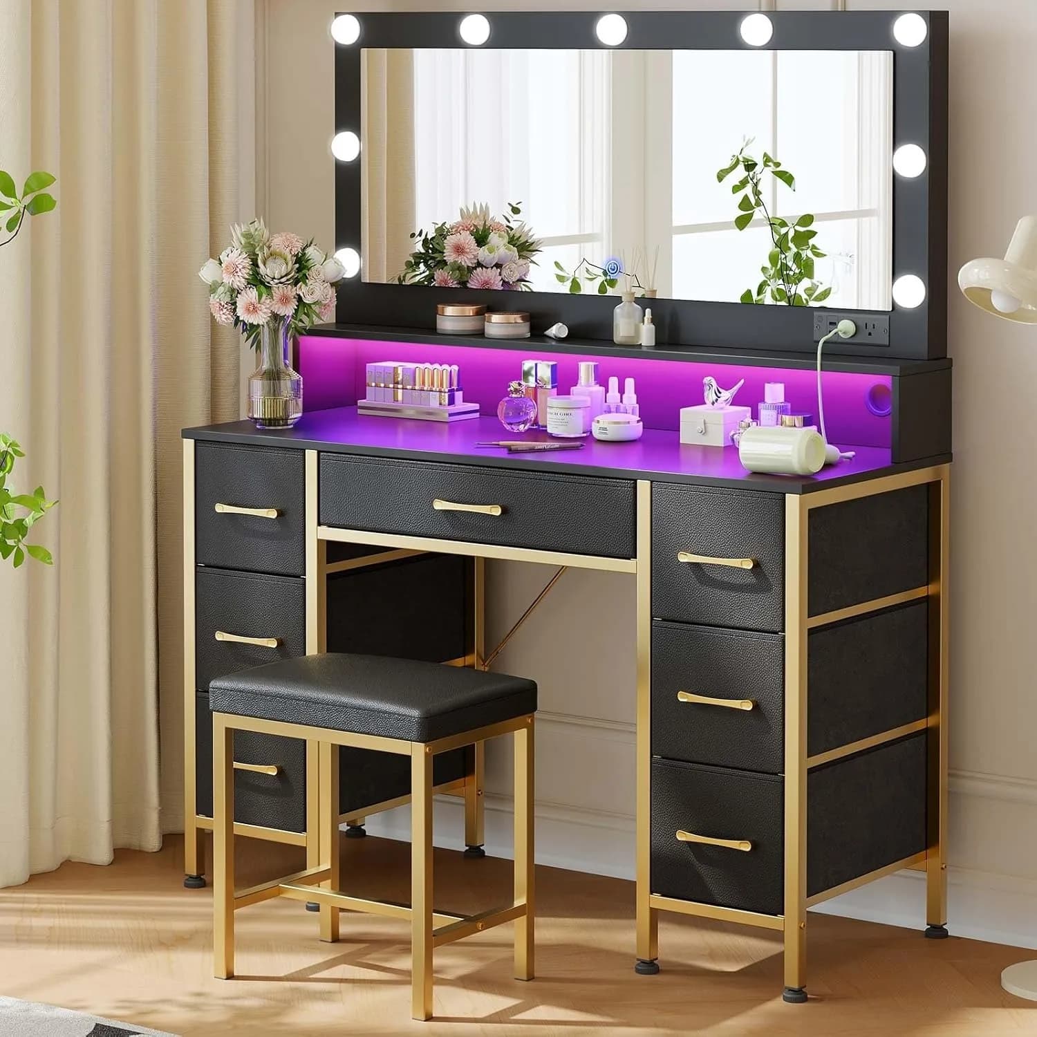 Vanity Desk with Mirror and Lights, Makeup Vanity with Upholstered Vanity Stool, 7 Drawers, 9 Dimmable LED Bulbs, Vanity Set